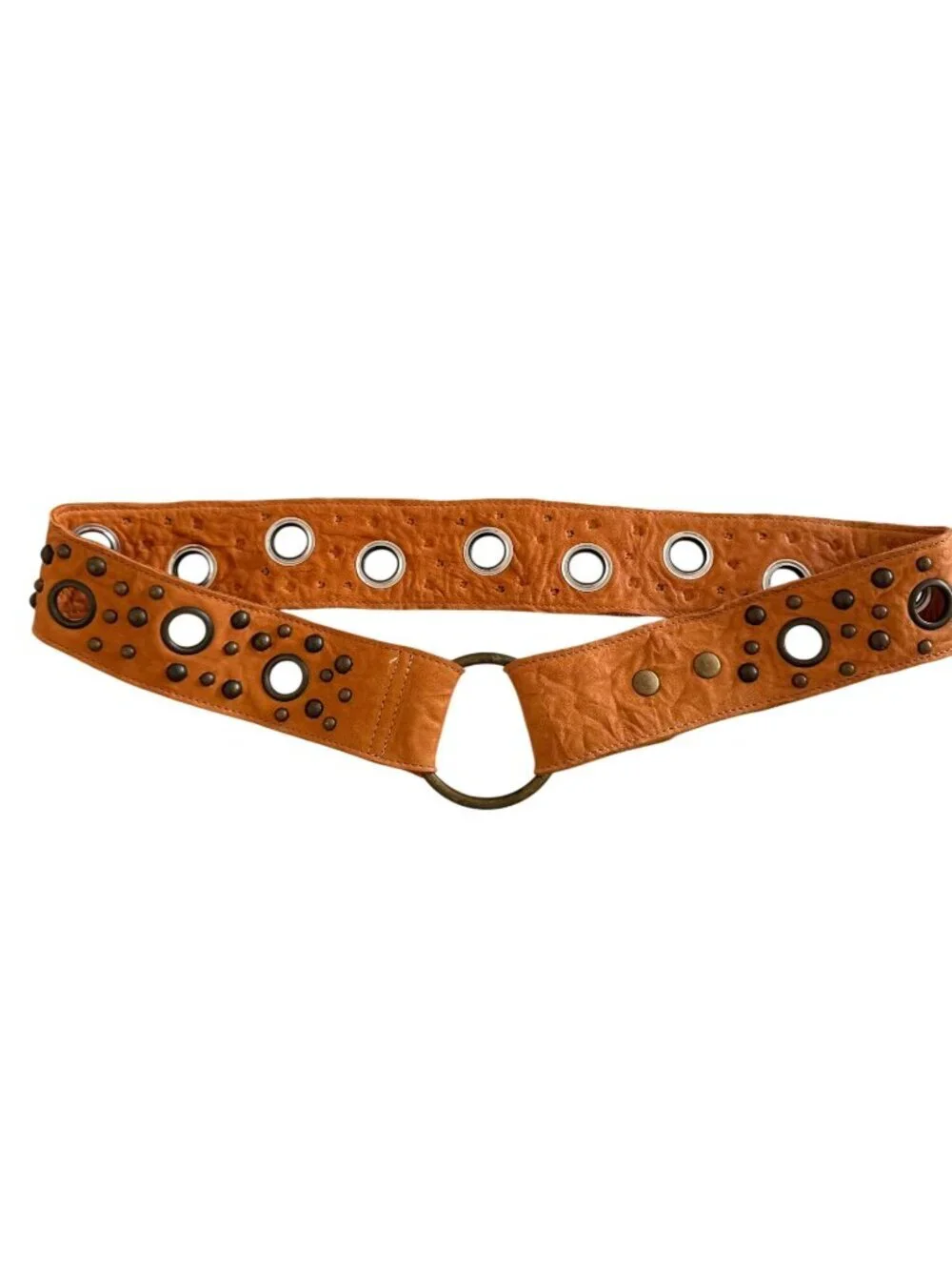 Treesje Womens Circular Metal Buckle Studded Hip Belt Size 36 inch Tan Leather